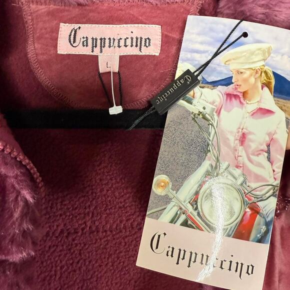 NWT Y2K Cappuccino Faux Fur Embroidered Velour Jacket Sz L - Pink Bratzcore Coat - Picture 6 of 8